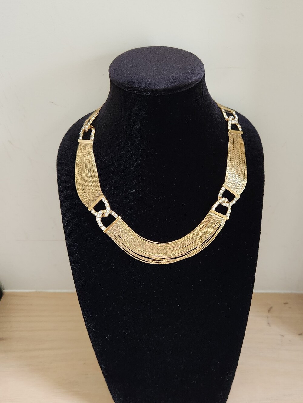 Vintage Monet Multi-Strand Mesh Chain Rhinestone Statement Necklace